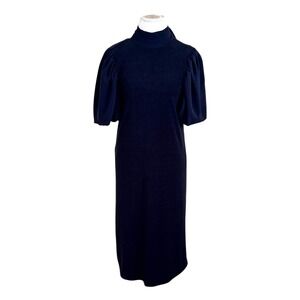 Anthropologie Self Contrast Tie Back Puff Sleeve Shift Dress Size MP Black
